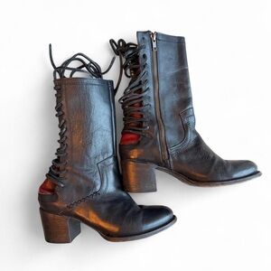 Freebird By Steven Black Leather Mid Calf Lace-Up Boots-Size 9